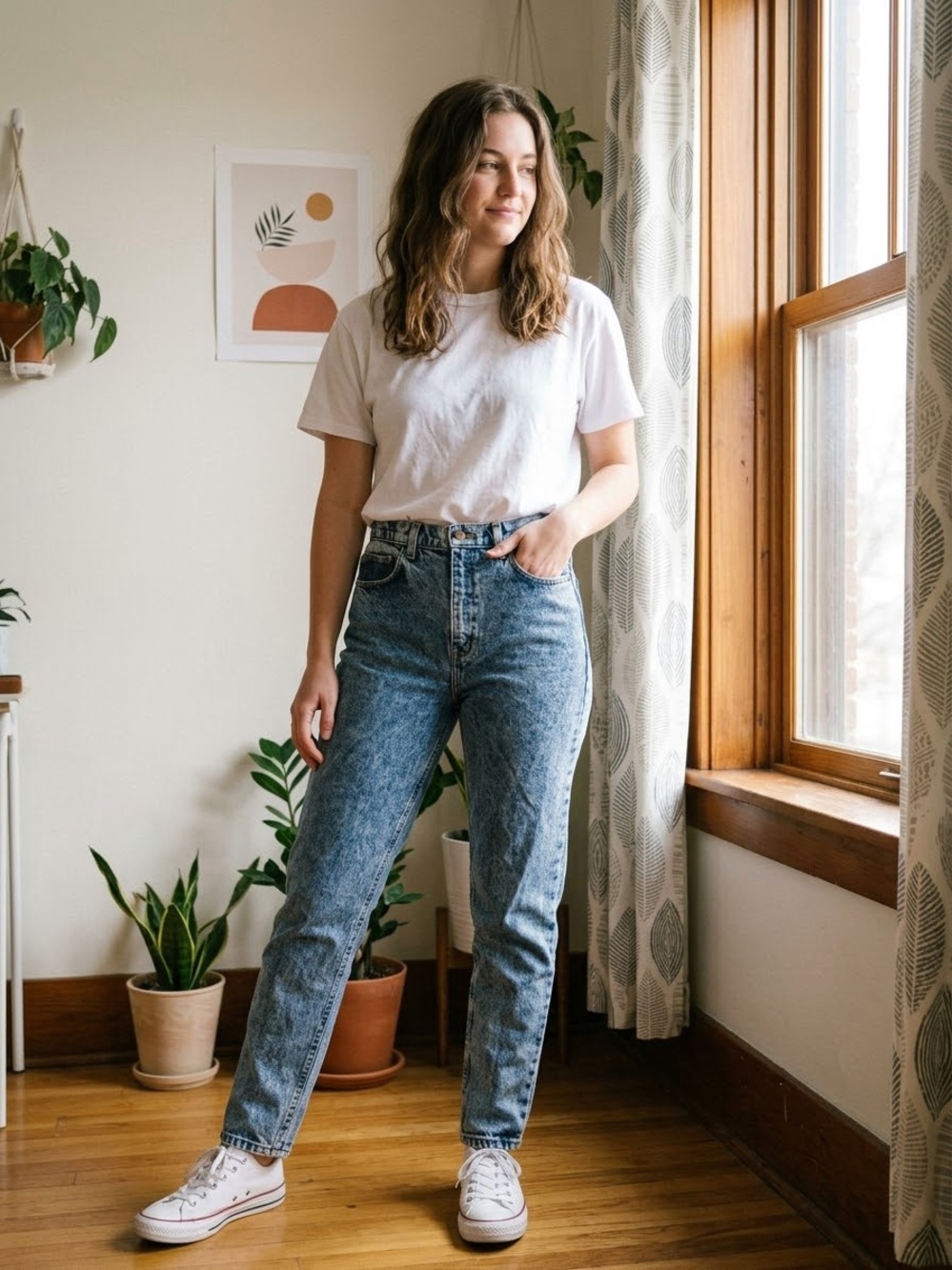 American Apparel High Waist Mom Jeans Medium Marble Acid Washed 100% Cotton 30